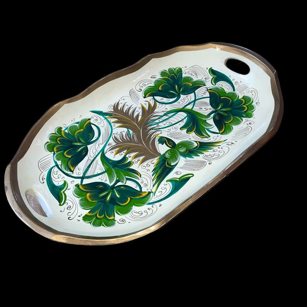 Vintage Birds of Paradise Painted Large Wooden Handled Tray Greens/Gold - Picture 3 of 6
